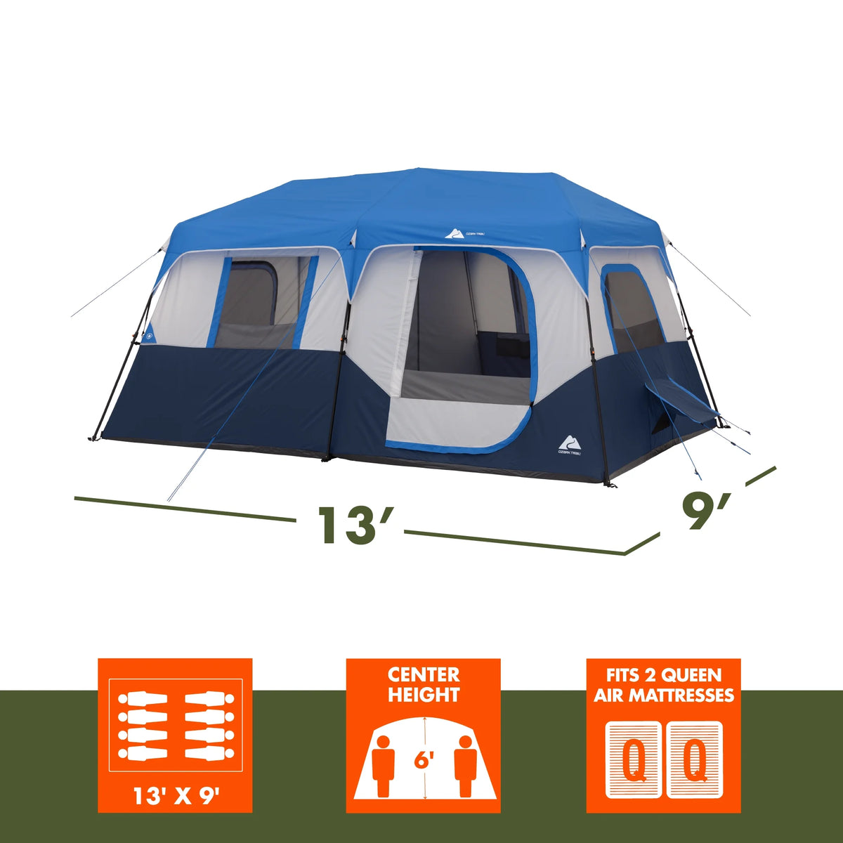 Ozark Trail 8' x 7' 4-Person Instant Cabin Tent with LED Lighted Hub, 19 lbs
