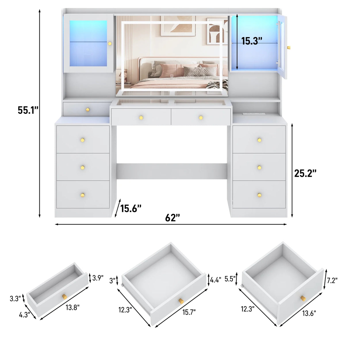 Blotout 62'' Large Vanity Desk w/60000-color LED Lights, Tempered Glass Top, Power Outlet, Makeup Vanity Table w/ 3 Lights Mode Mirror, 9 Drawers, 2 RGB Cabinets, LED Dressing Table for Girls, Women