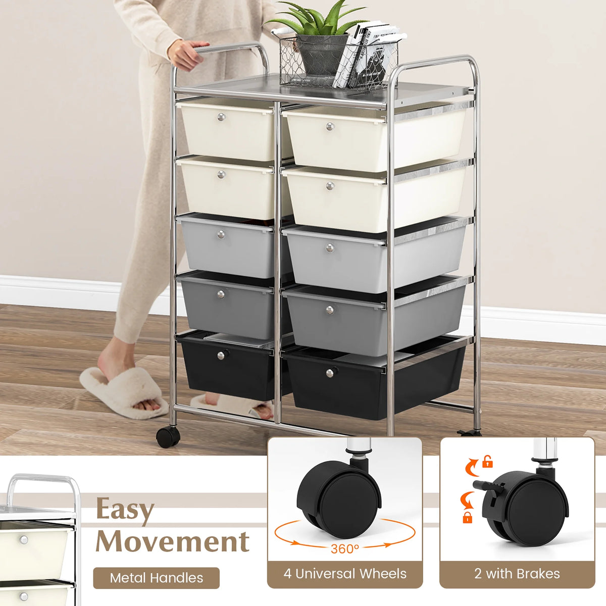 Gymax 10-Drawer Rolling Storage Cart Tools Scrapbook Paper Organizer on Wheels Black Gradient