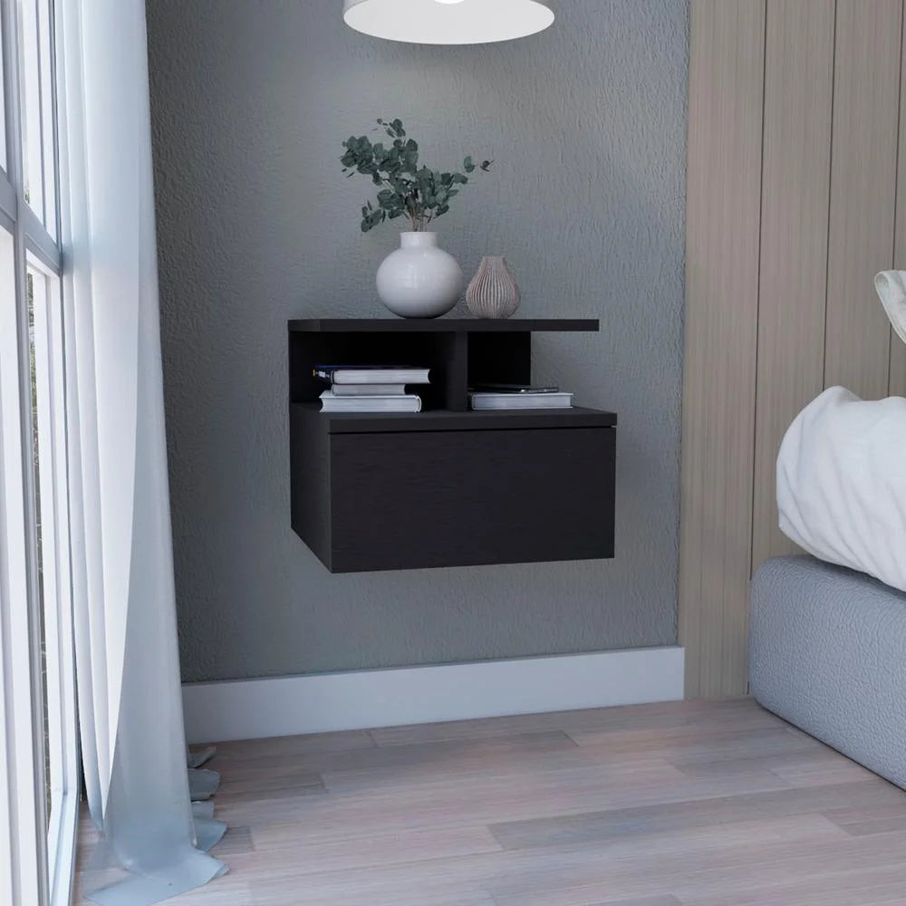 DEPOT E-SHOP Seward Floating Nightstand, Wall Mounted with Single Drawer and 2-Tier Shelf, White