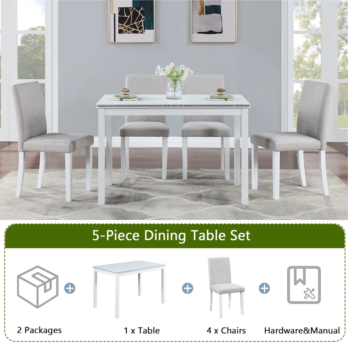 PORKISS Dining Table Set for 4, Solid Wood Dining Room Set with 1 Square Table 4 Upholstered Chairs, Dinner Table with Padded Chairs for Home Kitchen, Gray