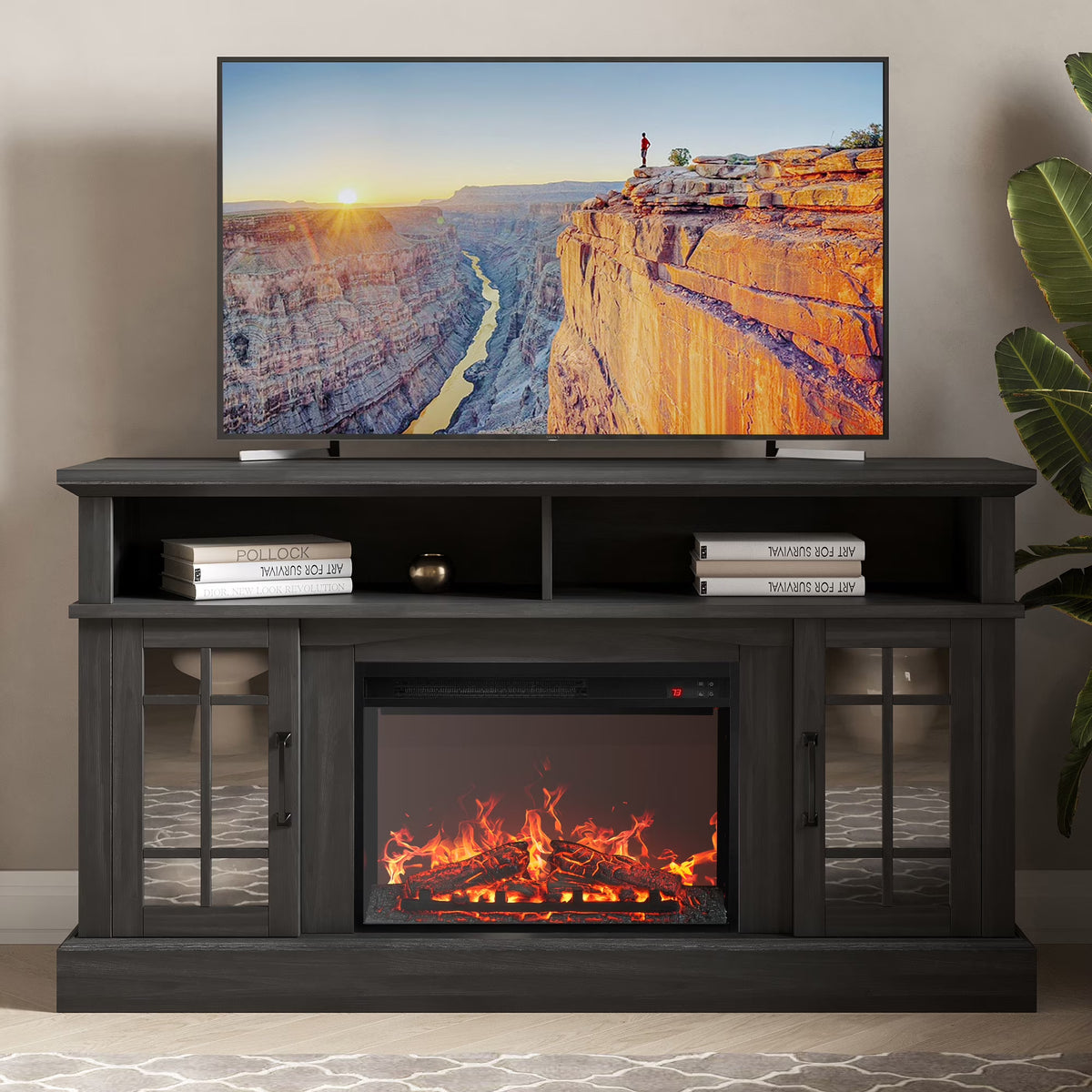 BELLEZE 58" TV Stand with 23" Electric Fireplace, Fireplace TV Console for TVs up to 65", Home Entertainment Center with Storage Cabinet and Adjustable Shelves - Astorga (Gray Wash)