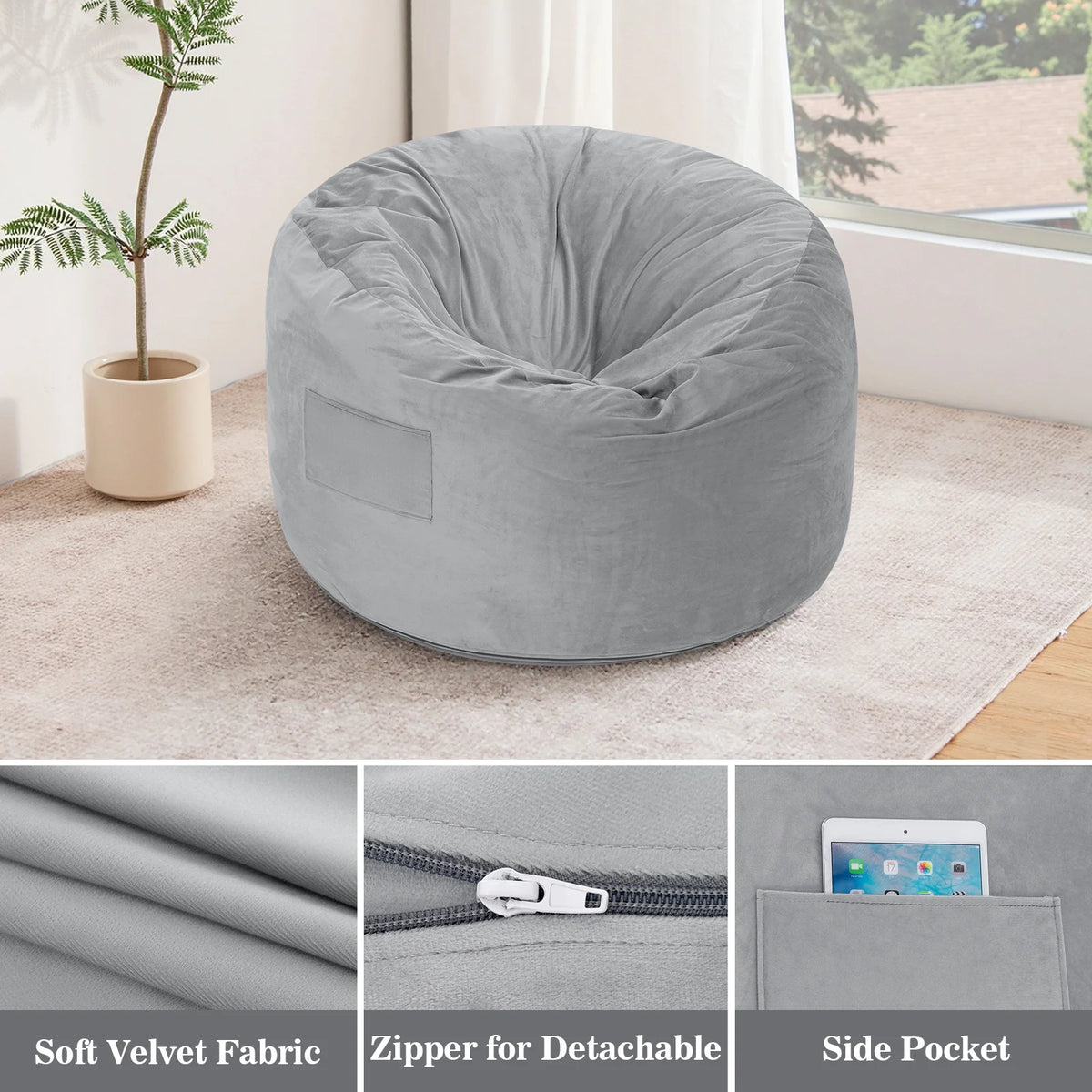 Lusimo Giant Bean Bag Chairs Bean Bag Bed with Pocket, Convertible Bean Bag Sofa Bed with Velvet Washable Cover for Adults, Couples, Family, Living Room, Gray, Full