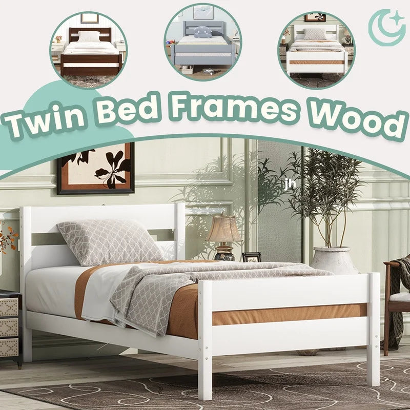 Duxelifin Wood Twin Bed Frame with Rails, Twin Size Low Platform Bed with Headboard and Footboard, Low Twin Bed Frame for Girls & Boys, White