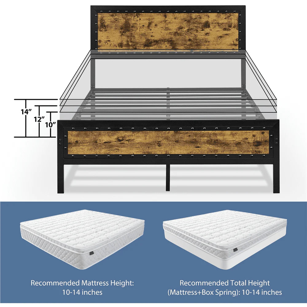 Topeakmart Industrial Metal Bed Frame with Wooden Headboard and Footboard, Full Size, Rustic Brown