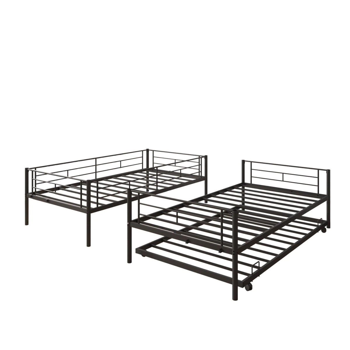 Twin Over Twin Bunk Bed with Trundle, Metal Twin Bed with Safety Guard Rail and Ladders, Space-Saving Design Sleeping Bedroom Bunk Bed for Boys, Girls, Kids, Young Teens and Adults, Easy Assembly, K92