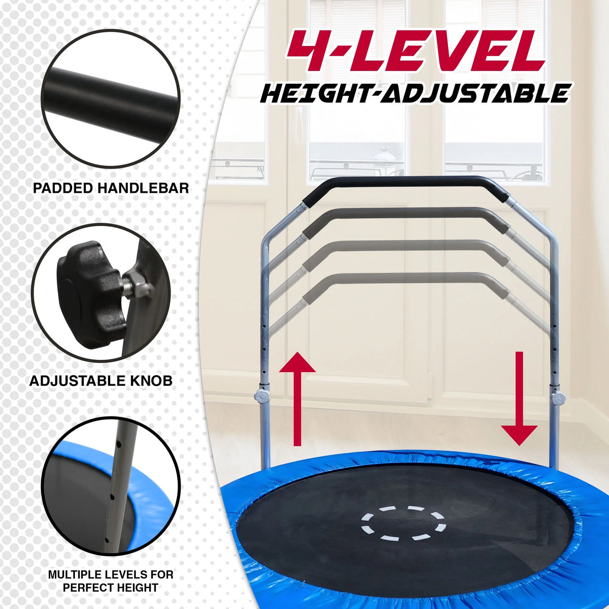 Sportspower TruJump 48" Indoor/Outdoor Mini Trampoline, Fitness Rebounder Trampoline with Adjustable Handle, BLUE
