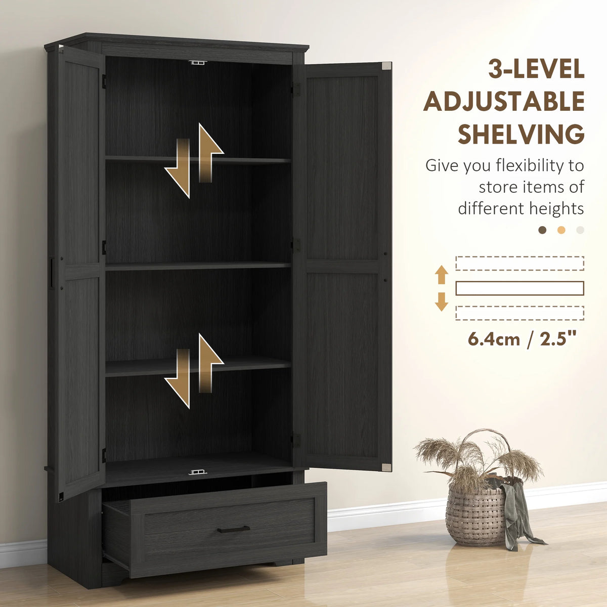 HOMCOM 69" Tall Kitchen Storage Cabinet with Adjustable Shelves, Black