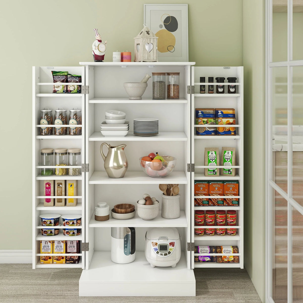 47 Kitchen Pantry Cabinet, White Buffet Cupboards Sideboard with Doors & Adjustable Shelves, Kitchen