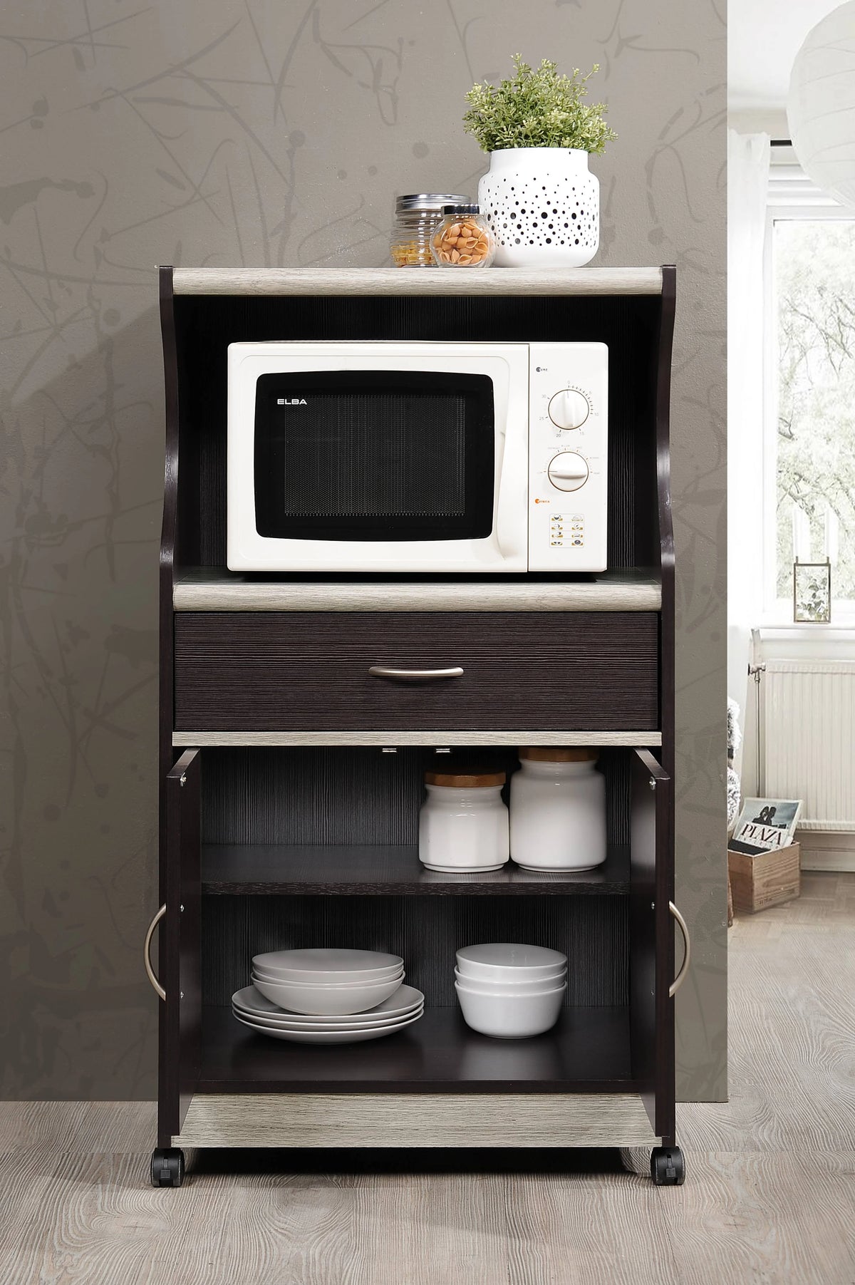 Hodedah Microwave Kitchen Cart, White