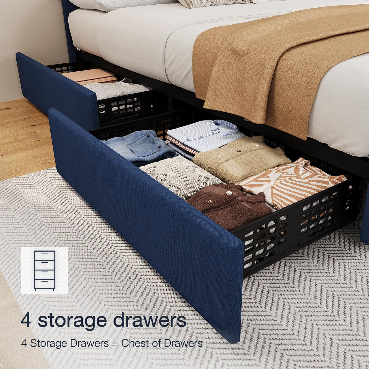 TROPOW Full Size Bed Frame,with 4 Storage Drawers and Adjustable Headboard, Linen Upholstered Platform Bed Frame, Diamond Stitched Button Tufted, No Box Spring Needed,White