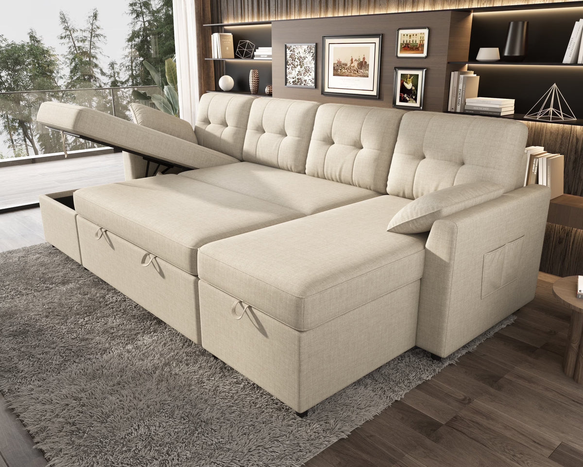 VANACC Sectional Sofa Bed with Storage and Soft Seat ,Reversible Pull Out Couch for Living Room,Beige