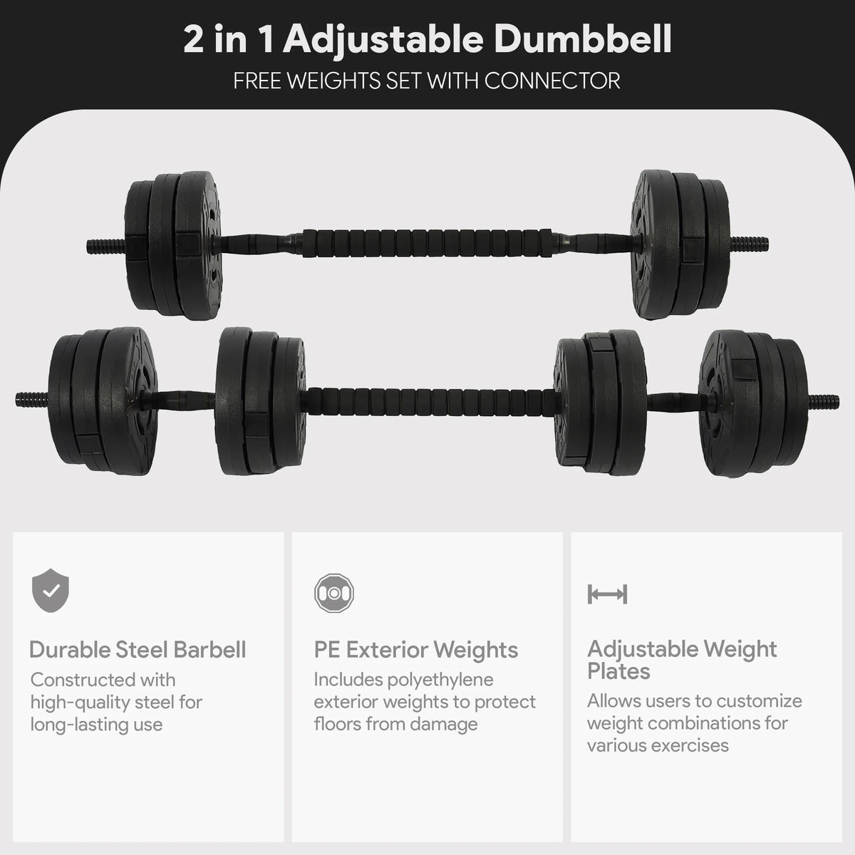 Fitvids 2 in 1 Adjustable Dumbbell Set, 60lbs Free Weights Set with Connector, Black