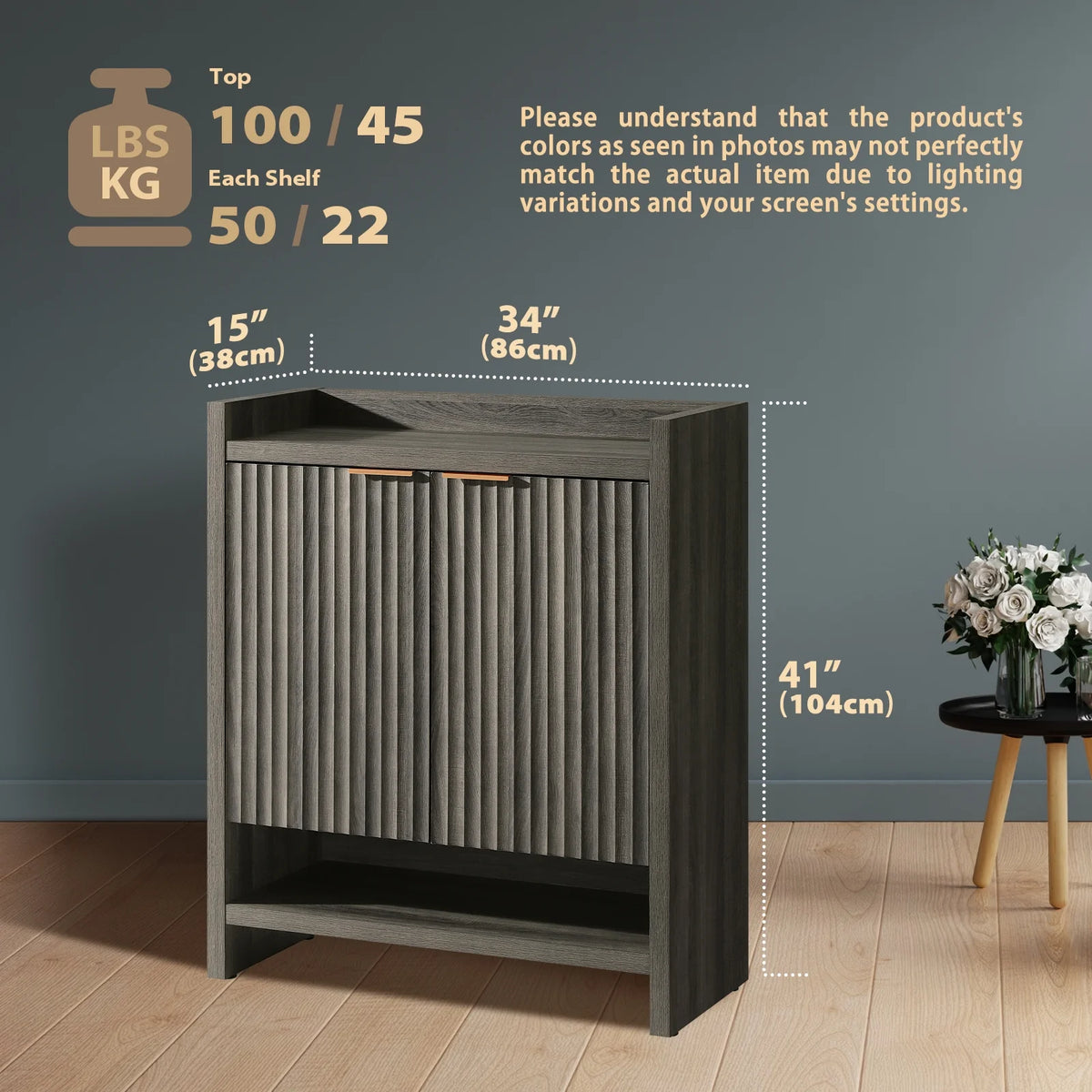 ARKANTOS Fluted Shoe Cabinet 3 Level Adjustable Shelf and 2 Doors Light Gray Oak