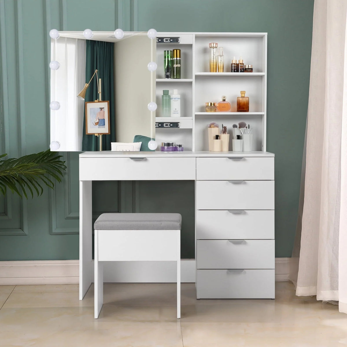 Ktaxon Vanity Set with 3 Color Lighted Mirror, Makeup Table with 6 Drawers, Dressing Table Makeup Desk with Stool,White