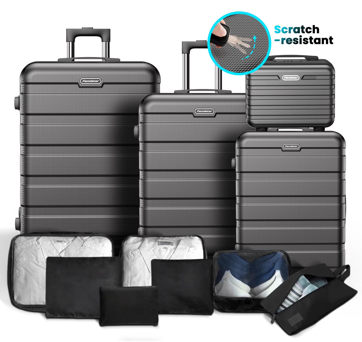 11Pcs Luggage Sets, ABS Hardshell Suitcase w/ Dual 360° Spinner Wheels & TSA Lock, Lightweight Durable Hardside Carry on Luggage for Travel, Deep Black