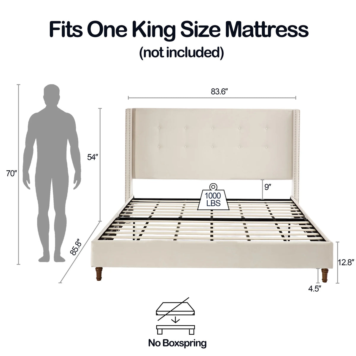 King Bed Frame Upholstered Bed with Tall Headboard, Chenille Platform Bed King Size, No Box Spring Needed, Easy Assembly, Ivory