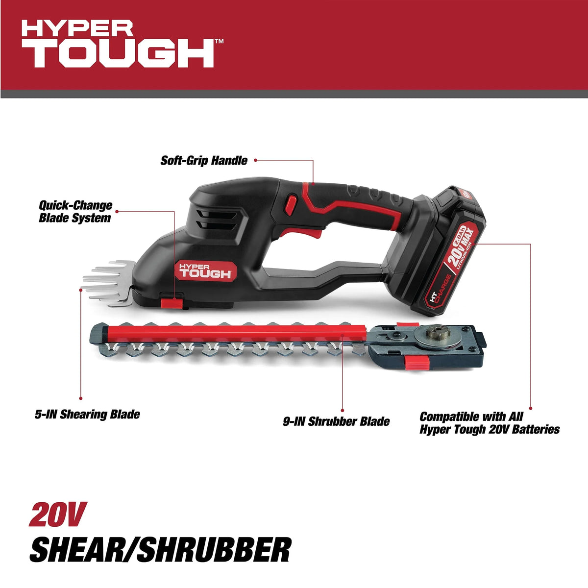 Hyper Tough 20V Cordless 5" Shear/ 9" Shrubber, with Battery and Charger; HT13-401-003-02
