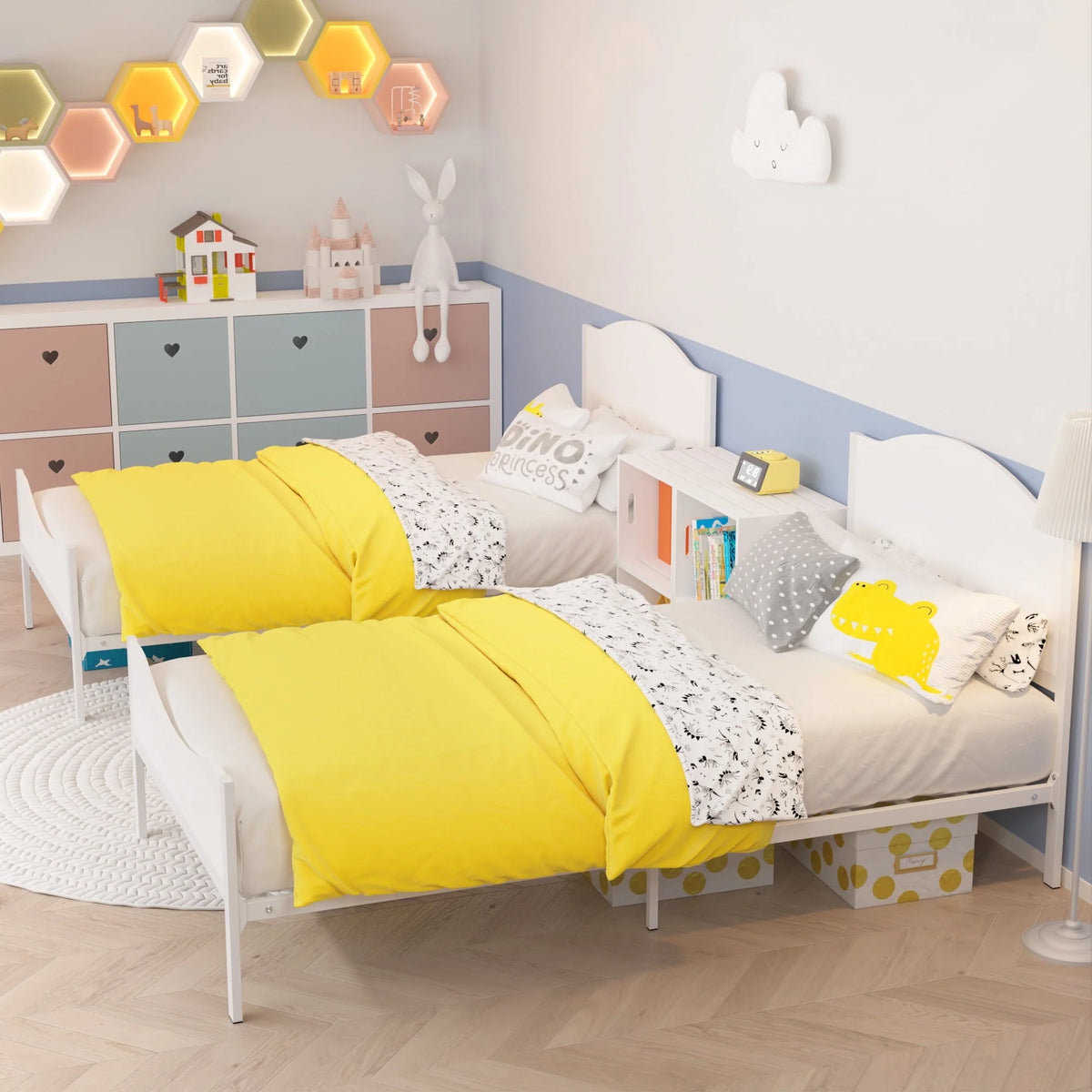 Yoneston Twin Size Kids Metal Platform Bed Frame with Wood Headboard, Modern Single Bed Frames for Children, Teens & Adults, No Box Spring Needed, White