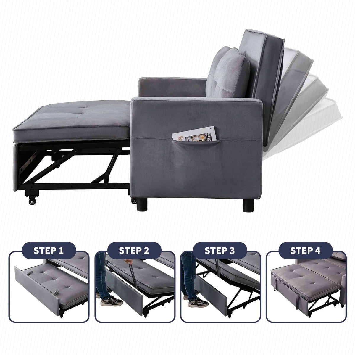 ZAFLY Pull Out Sofa Bed, Convertible Loveseat with Side Pockets, 2 Seater Small Sleeper Sofa, Pull Out Couch for Living Room/Bedroom, Dark Gray