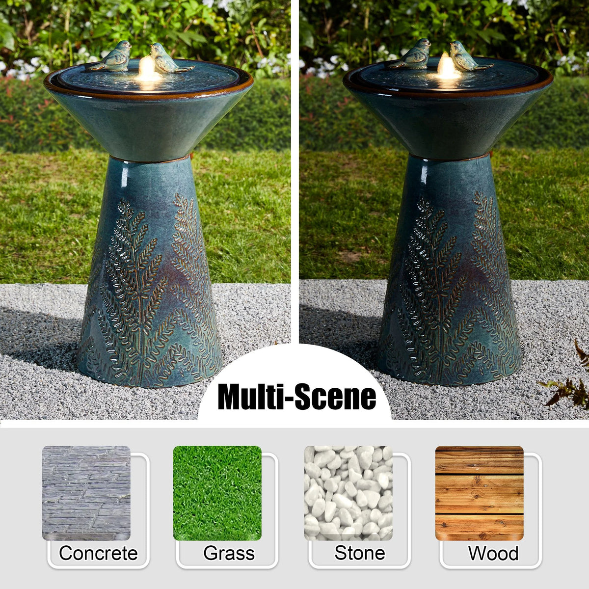 Glitzhome 27.5" Fountain with Pump and LED Light Embossed Pedestal Ceramic Bird Bath, Turquoise