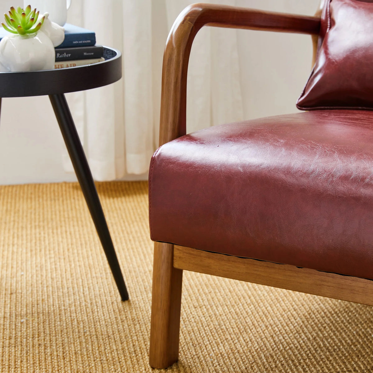 Glitzhome Mid Century Solid Wood Frame Accent Chair Modern Leather Lazy Chair