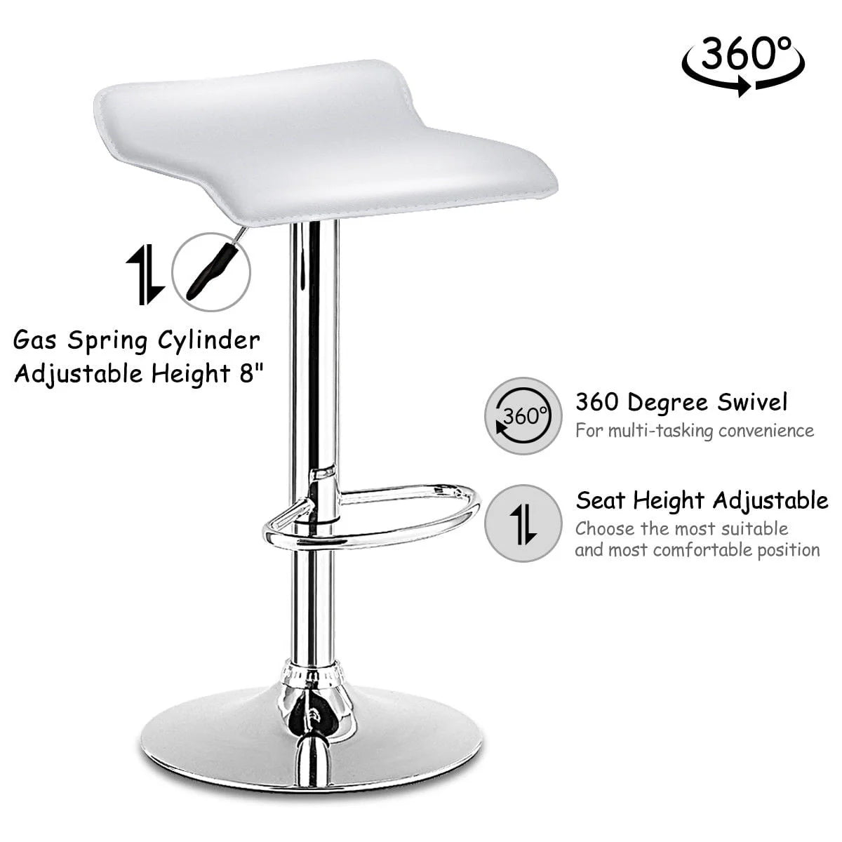 Costway Set of 2 Swivel Bar Stools Adjustable PU Leather Backless Dining Chair White Low Back