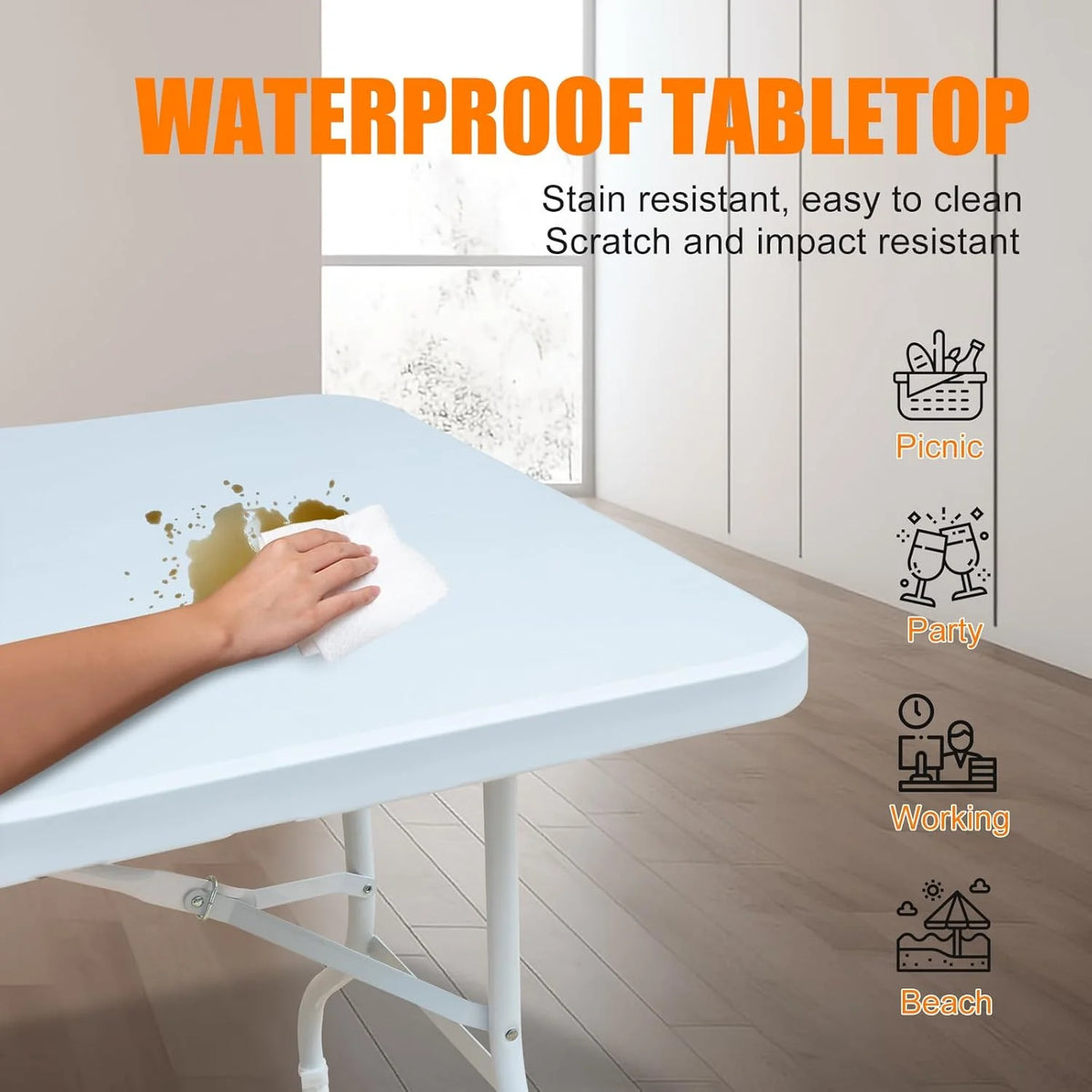 Folding Table with Carry Handle, Portable Fold-in-Half Plastic Table, Rectangle Foldable Table for Indoor