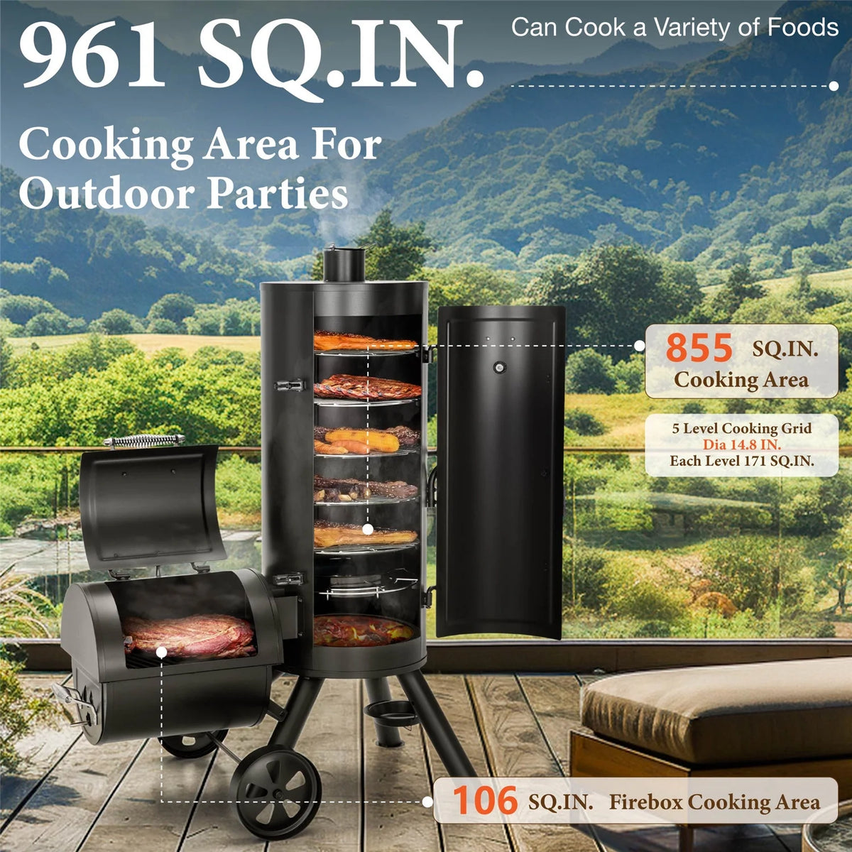 Summit Living Vertical Charcoal Smoker Grill with Offset Smoker 961 sq.in. Extra Large BBQ Grill - Black