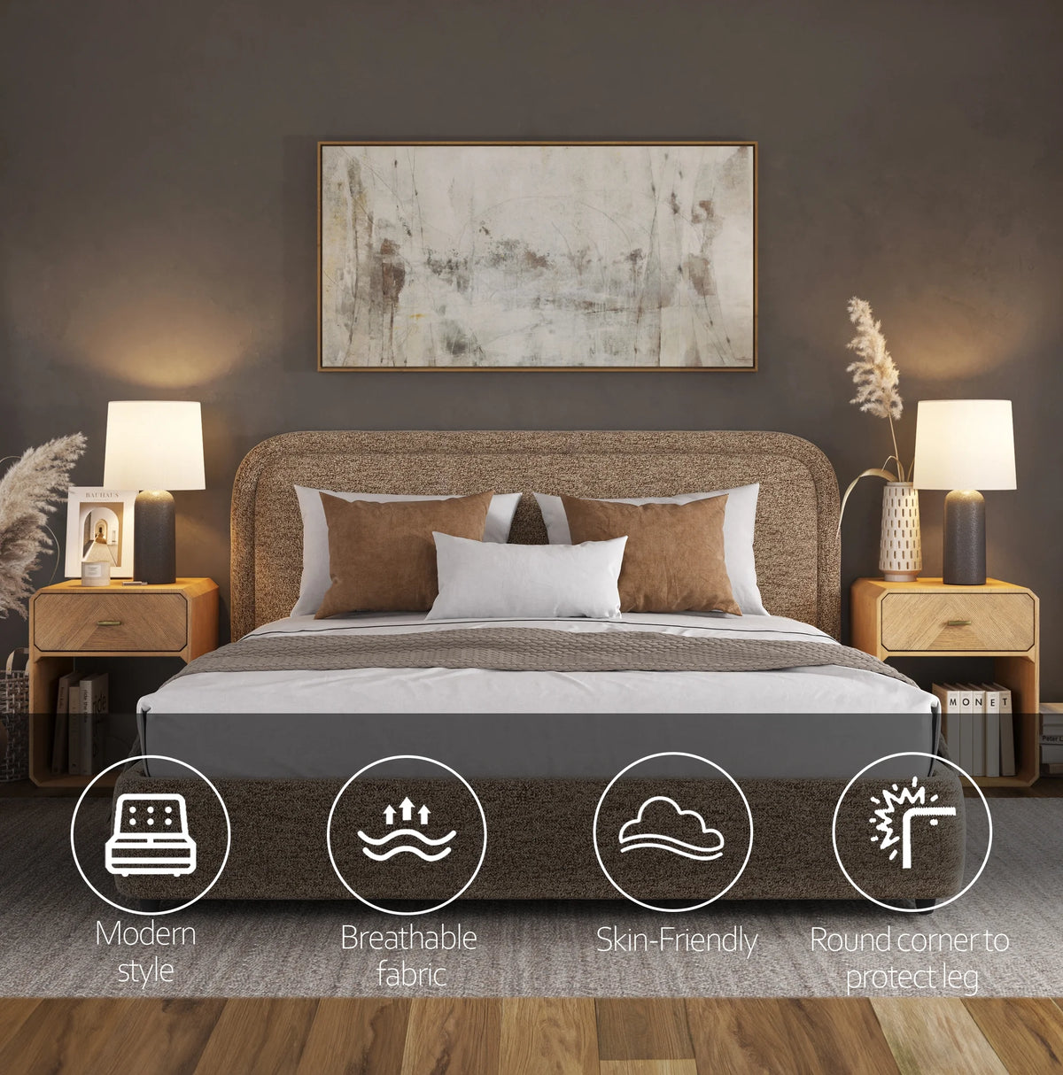 Modern Upholstered Platform Bed with Lift-Up Storage, Headboard, Wood Slats, Noise-Free
