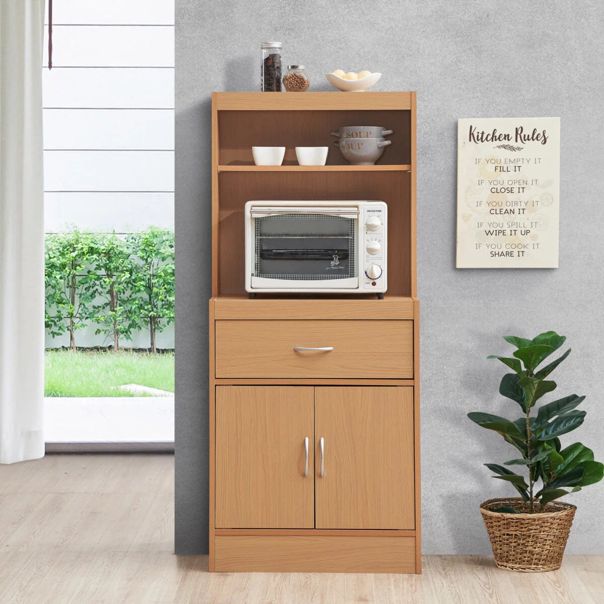 54" Tall Open Shelves, 1-Drawer and Bottom Enclosed Storage Kitchen Cabinet