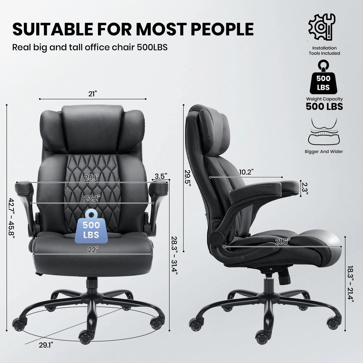Ninecer 500lbs Big and Tall Office Chair with Inflatable Lumbar Support, Ergonomic Executive Desk Chair with Extra Wide Seat, Adjustable Height Computer Chair, Heavy Duty Leather Office Chair, Black
