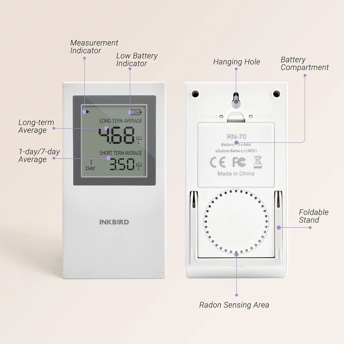 Inkird Home Radon Detector, Portable Radon Meter, Short-Term and Long-Term Accurate  Monitoring 2-Year Battery,White