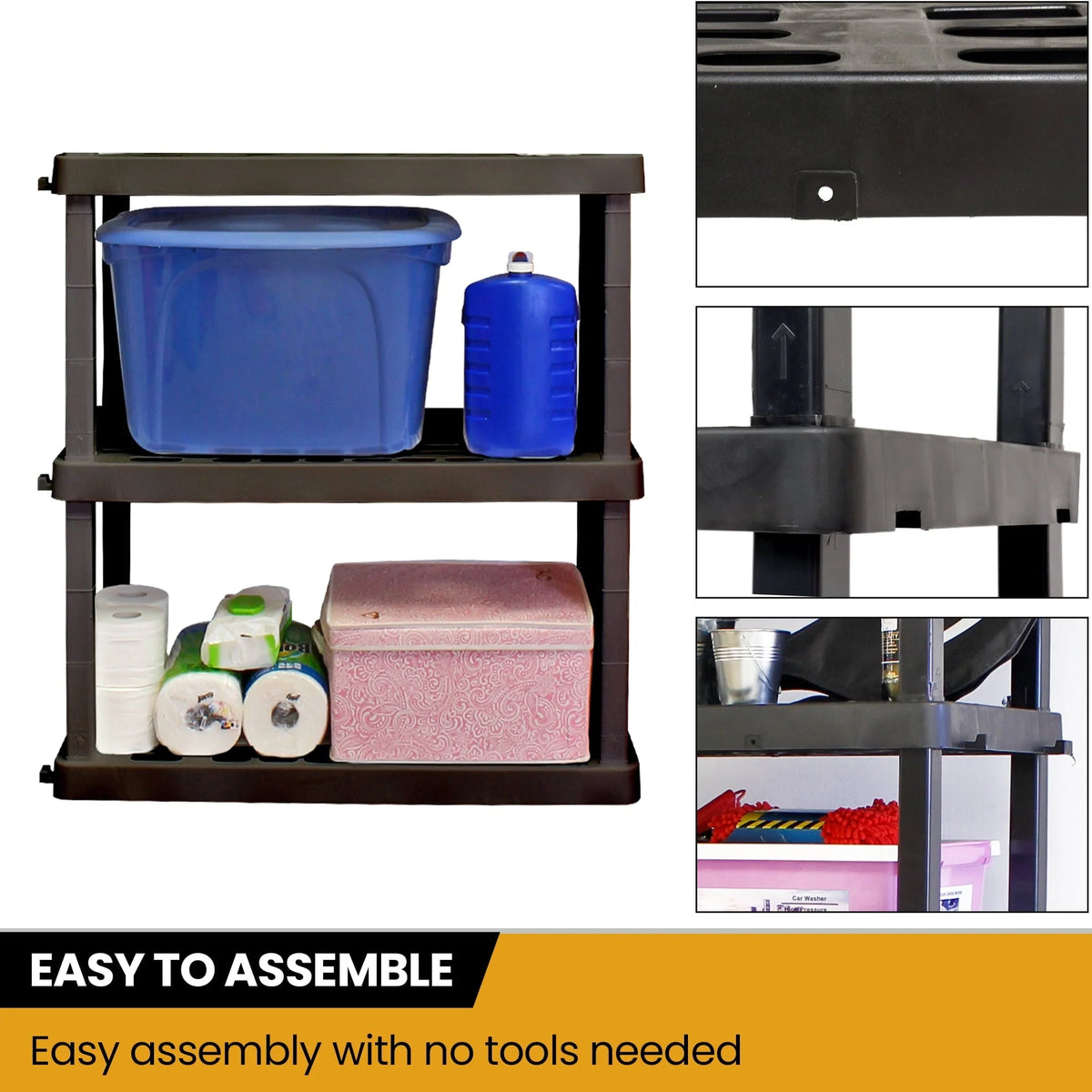 Hyper Tough Large 3-Tier Shelving Unit, W36 x D18 x H38" Interlocking Multipurpose Garage Plastic Shelf Organizer, Black