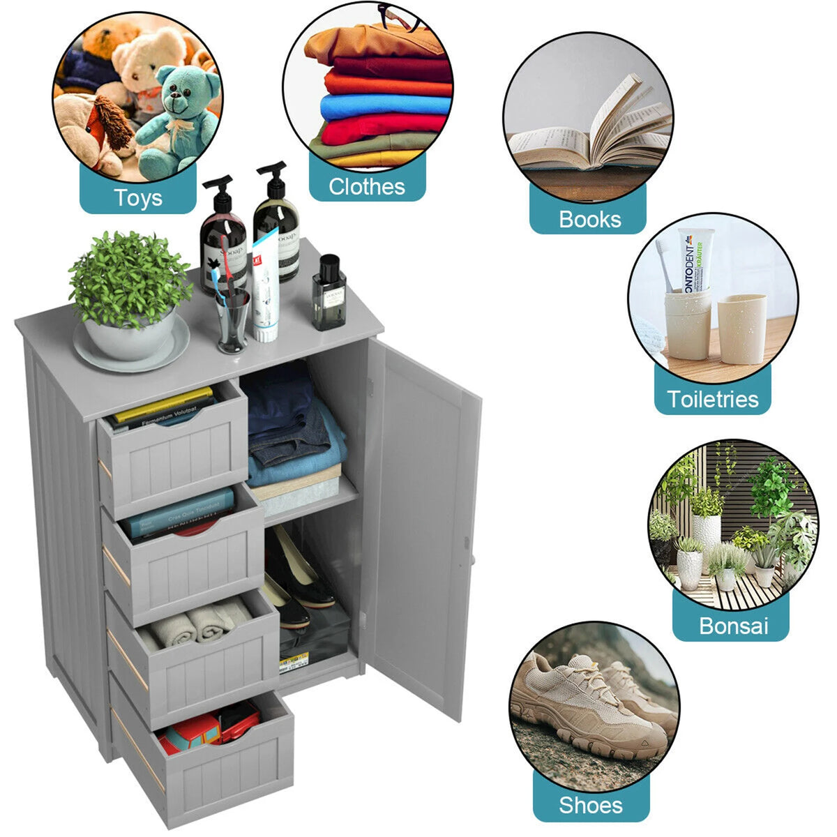 Gymax Bathroom Floor Cabinet Storage Organizer Cupboard w/ 4 Drawers Adjustable Shelf Grey
