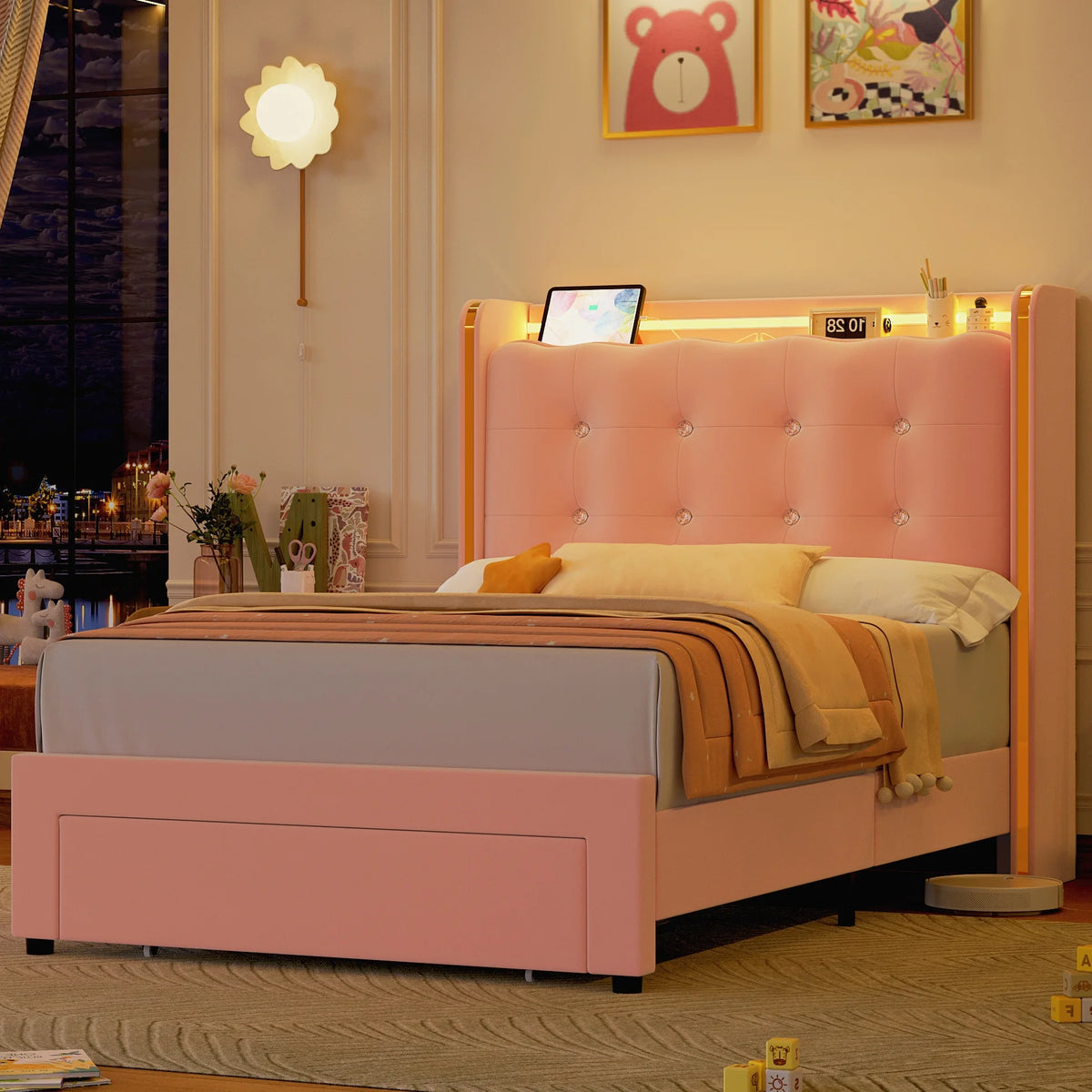 Homfa Twin Size LED Bed Frame with Drawer, Velvet Crystal Button Upholstered Platform Bed Frame with Outlets and USB Ports & Display Platform, No Box Spring Needed, Pink