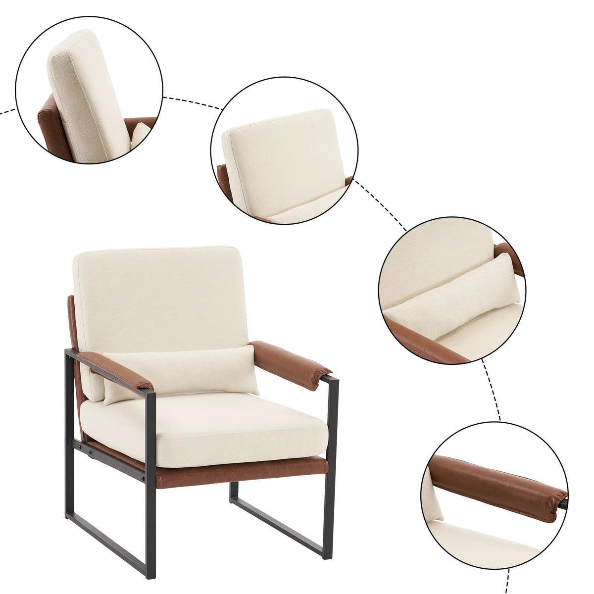 Ktaxon Accent Chair Lounge Armchair Modern Linen Fabric Upholstered Single Sofa with Black Coated Metal Frame Creamy White and Brown