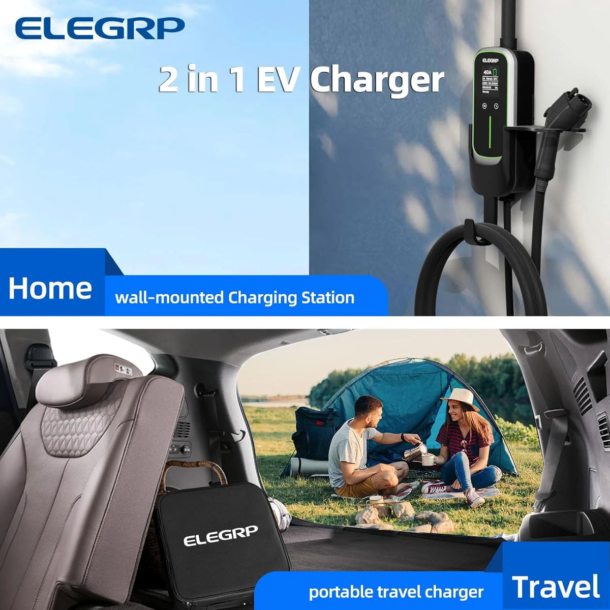 ELEGRP Portable Electric Vehicle Charger Level 2, EV Charger 240V 40A for BEVs/PHEVs，PBE & LCD TH, 25ft Cable W/NEMA 14-50 Plug, 1PC