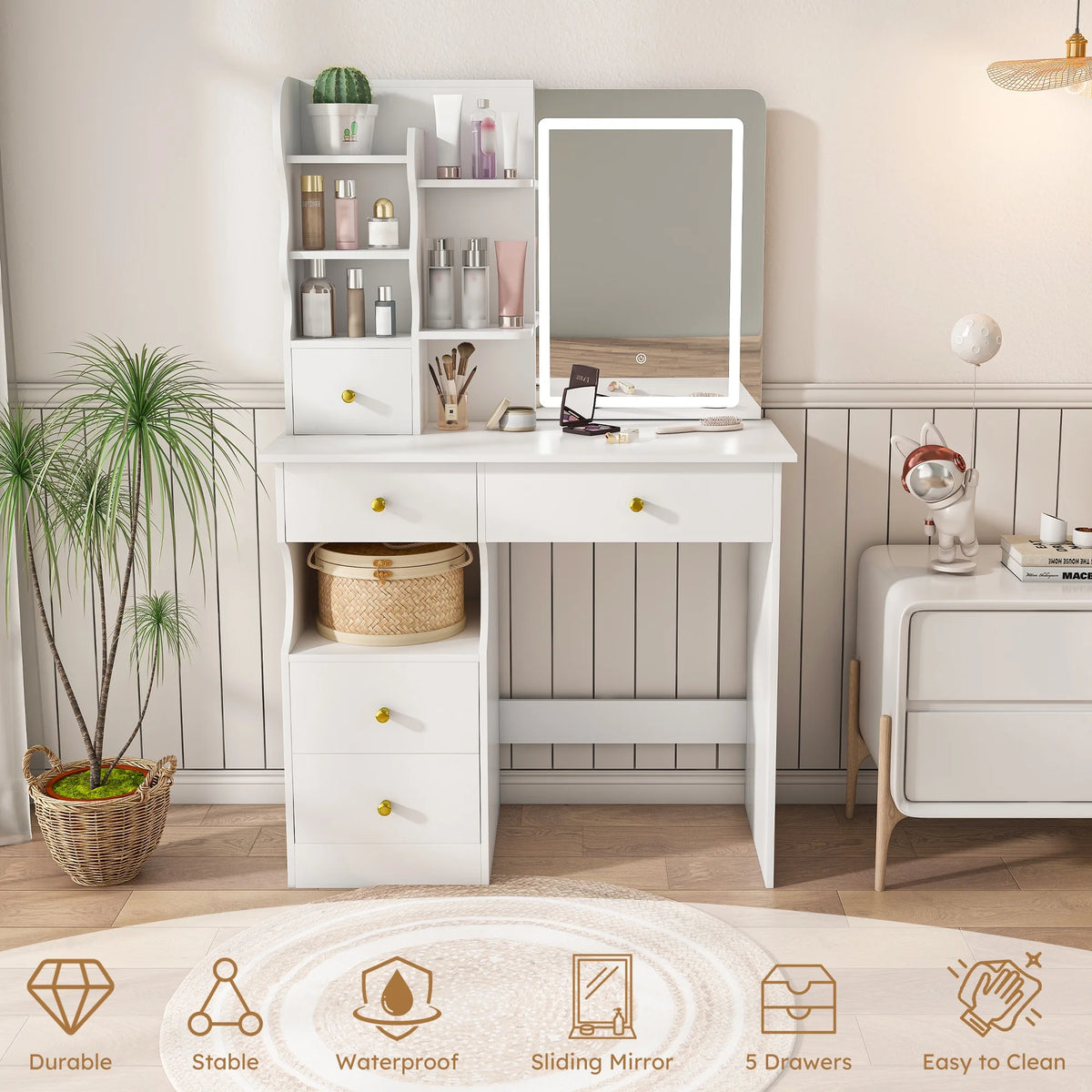 Montary Modern Mini Vanity w/Adjustable LED Mirror + Hidden Storage, Padded Stool & Dustproof Shelves (White)