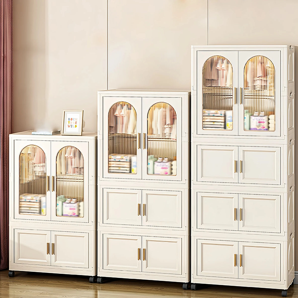 PORKISS Portable Wardrobe Closet, Folding Bedroom Armoire with Wheels, Plastic Storage Basket Can be Freely Combined (1 Layer of Wardrobe + 2 Layers of Folding Boxes+10 Hangers), Cream White-57.09"H