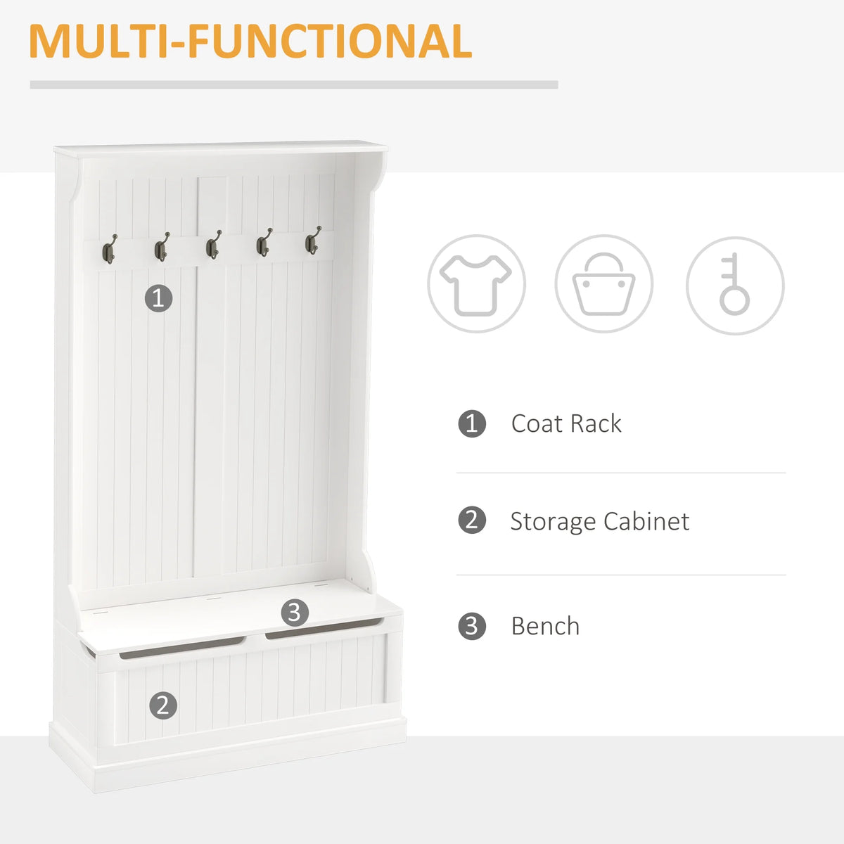 HOMCOM 3-In-1 Hall Tree Storage Bench and Coat Rack Cream White