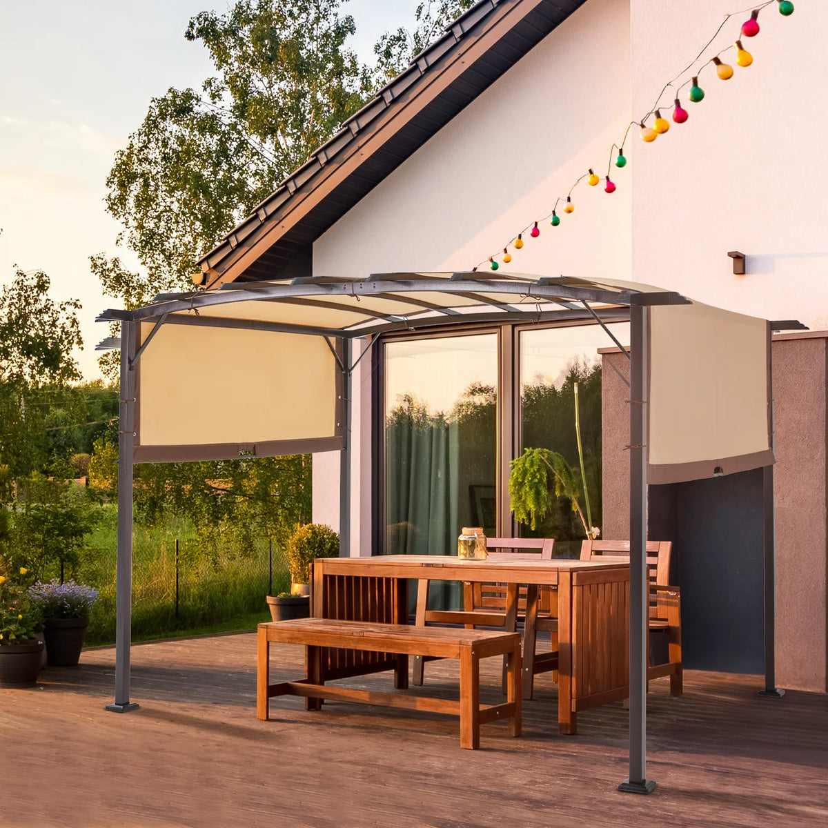 AECOJOY 12�?X 9�?Outdoor Retractable Steel Pergola Canopy with Adjustable Shade-Beige