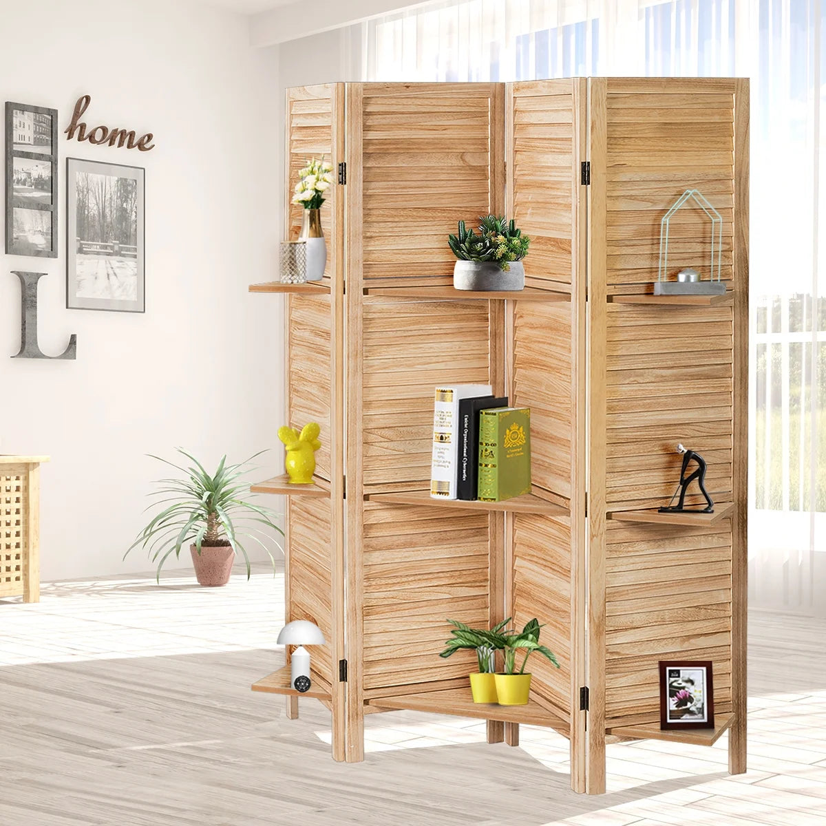 Costway 4 Panel Folding Room Divider Screen W/3 Display Shelves 5.6 Ft Tall