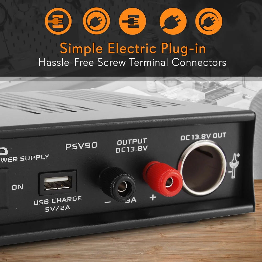 Pyramid PSV90 - Desktop Bench Power Supply, AC-to-DC Power Converter with USB and Vehicle Cigarette Lighter Socket (9 Amp)