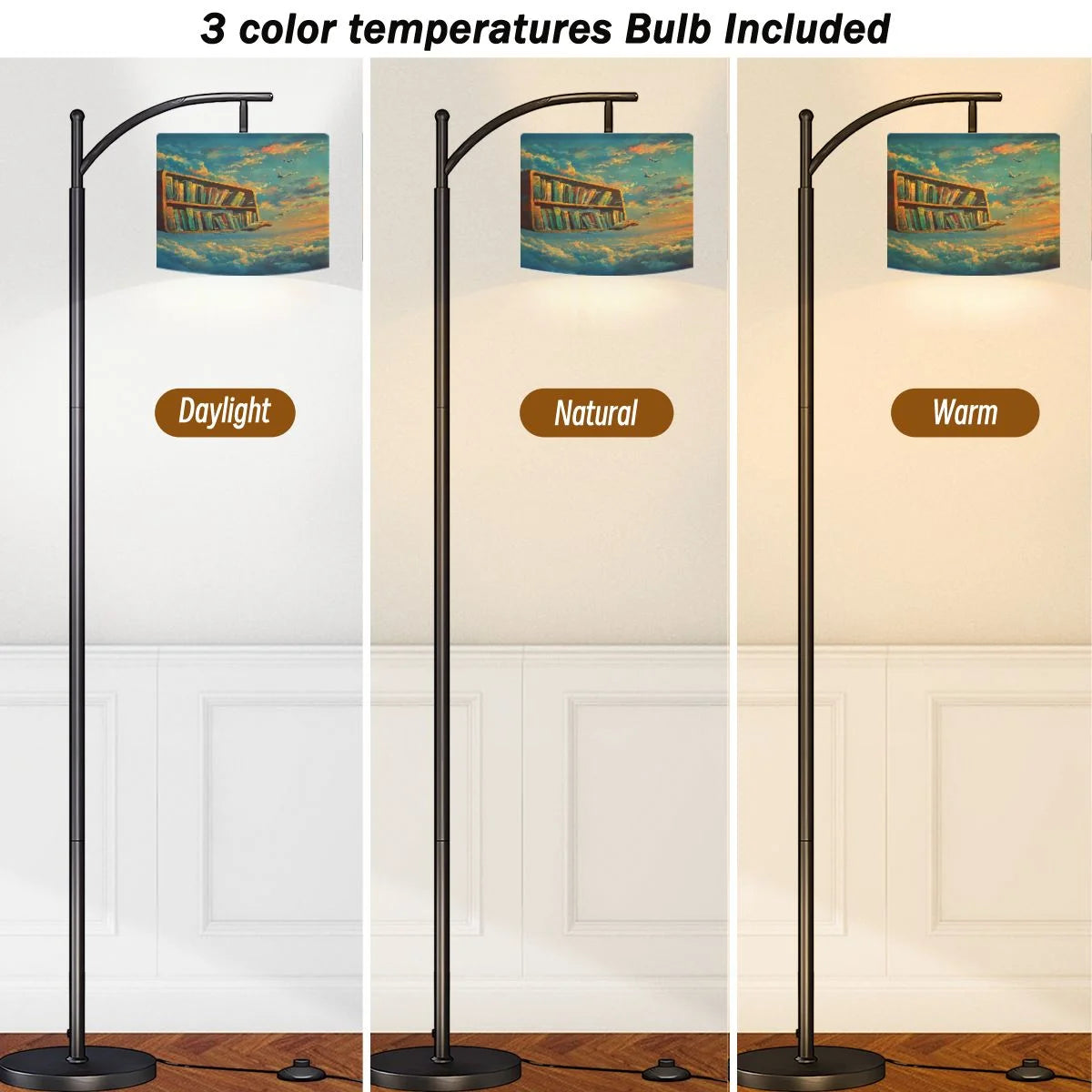 Arc Floor Lamps Surreal Bookshelf Dreamlike Sky Art Print Modern LED Adjustable Lampshade Standing Light for Living Room Reading Bedroom Office