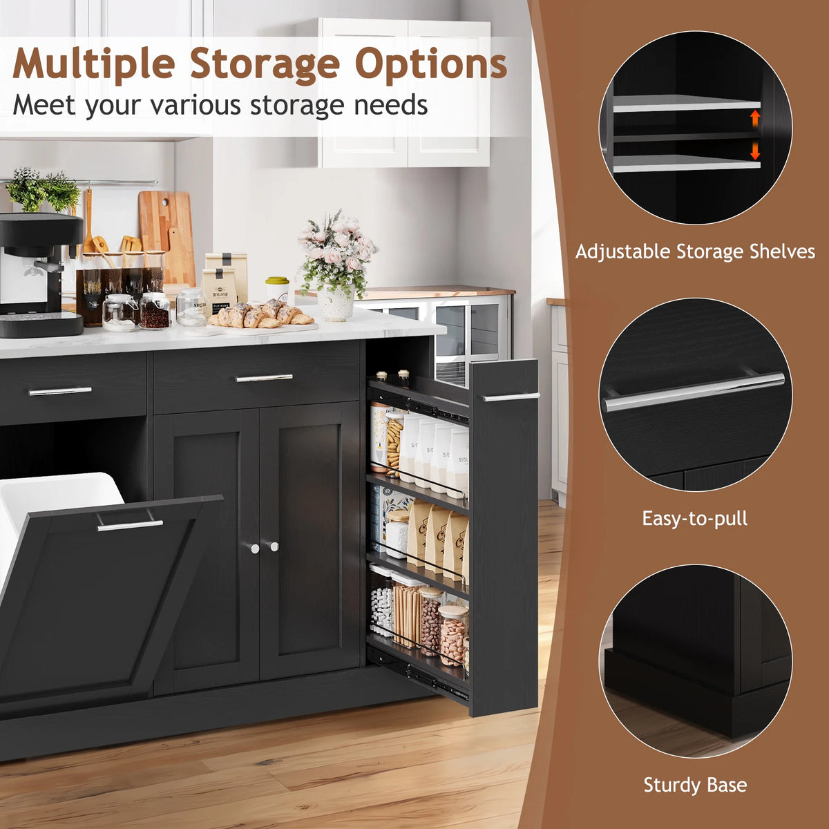 DreamCurship 52" Kitchen Island with Storage, Rolling Kitchen Cart Island with Wheels, Tilt Out Kitchen Trash Cabinet 10 Gallon Storage, 3 Large Spice Racks and 2 Drawers, White