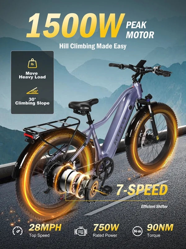 Actbest Electric Bike for Adults with Peak over 750W Brushless Motor, Over 20MPH Electric Mountain Bike, Removable Built-in Battery,26"×4 Fat Tires Ebikes for Adults,UL2849 (Gray)