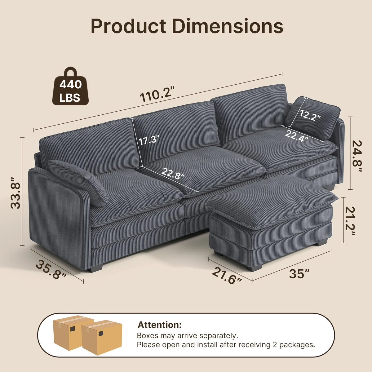 Lofka 110�� Modular Sectional Sofa Bed with Double Layer Cushions and Movable Ottoman, Modern Comfy Cloud Couch for Living Room, DIY Combination, Green