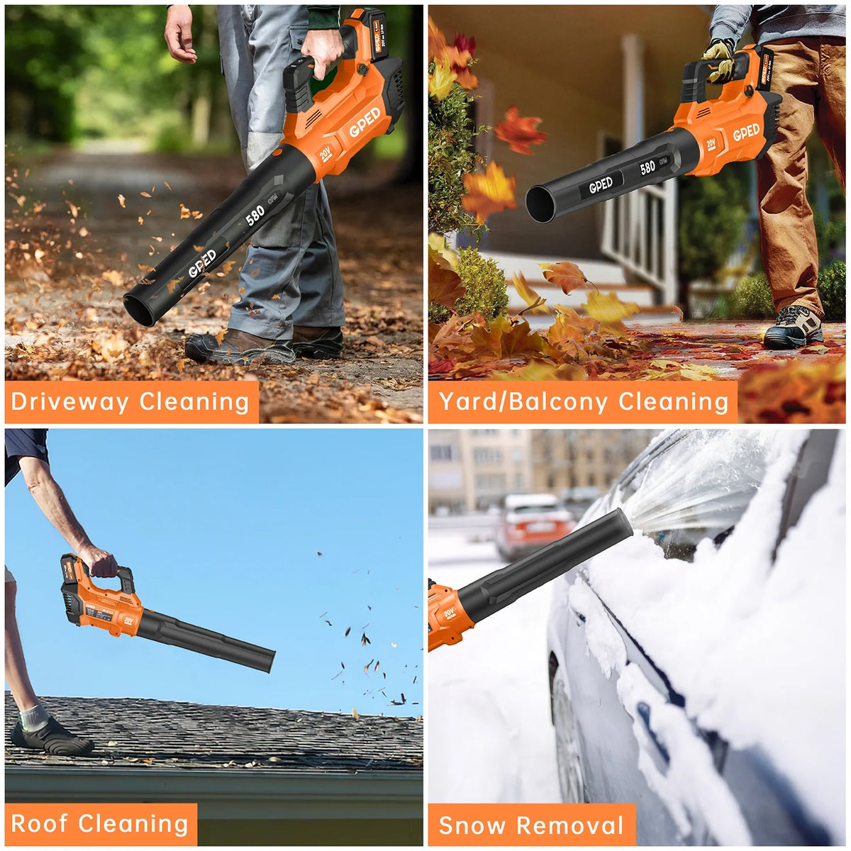 GPED Leaf Blower, 3 Speed Adjustment Electric Cordless Leaf Blower with 2 x 4.0Ah Batteries, Charger, Shoulder Strap, 580CFM/160MPH, Ideal for Patio Cleaning, Lawn Care, Blowing Leaves, Green