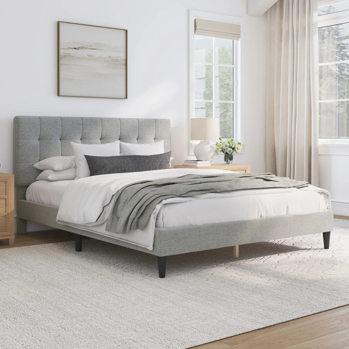 Mainstays Hillside Square Tufted Upholstered Full Platform Bed, Ivory Fabric